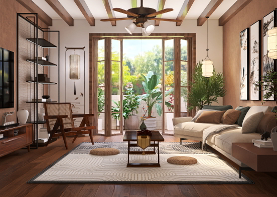 Neo Oriental Style Living Room Design Rendering