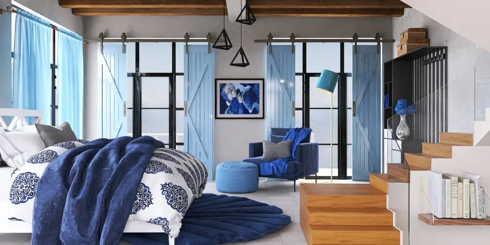 cozy bedroom with blue accents featuring a bed with patterned blankets and pillows, showcasing a modern design style, enhancing the space's comfort and aesthetic value, utilizing Homestyler's real-time 3D rendering feature for instant visualization.
