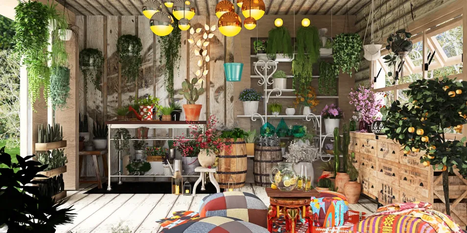 Indoor garden with vibrant plants and decorative accents showcasing smart furniture arrangement for space optimization in a cozy, rustic style; featuring Homestyler's real-time 3D rendering capabilities.