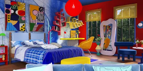 vibrant bedroom design featuring bold colors and artistic decor, maximizing space value with smart furniture arrangement using Homestyler's real-time 3D rendering.