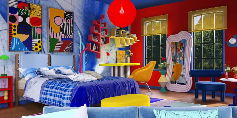 vibrant bedroom design featuring bold colors and artistic decor, maximizing space value with smart furniture arrangement using Homestyler's real-time 3D rendering.