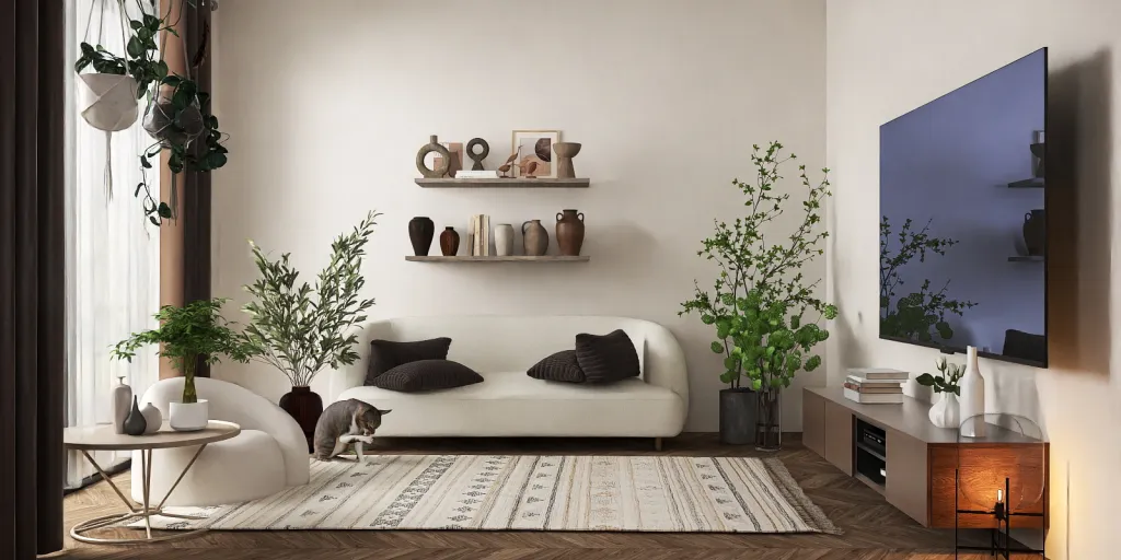 a living room with a white couch and a white rug 