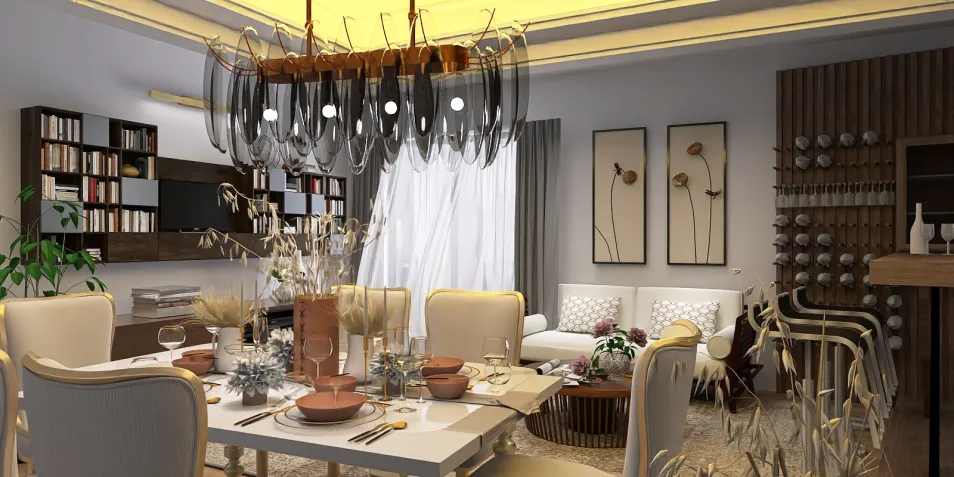 Dining area featuring a beautifully set table with elegant decor, showcasing a modern design style, emphasizing luxury and sophistication, highlighting Homestyler's real-time 3D rendering for design previews.