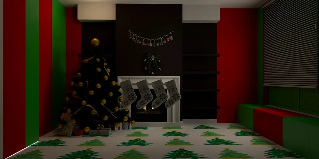 a bedroom with a christmas tree on the wall 