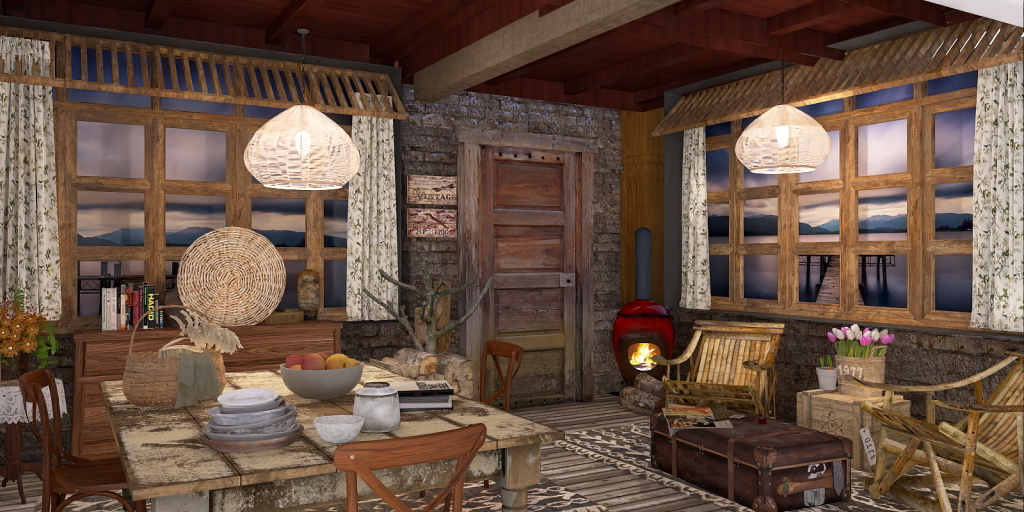 a living room with a fireplace and a table 