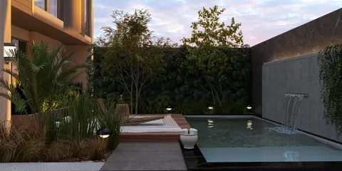 outdoor pool area with a modern water feature featuring lush greenery and elegant loungers in a serene setting, showcasing a contemporary styling for outdoor living spaces, highlighting Homestyler's real-time 3D rendering feature.