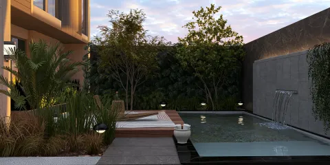 Outdoor oasis with tranquil water feature and plush seating, designed for relaxation; featuring a modern landscape with a pool, enhanced using Homestyler's real-time 3D rendering capability.