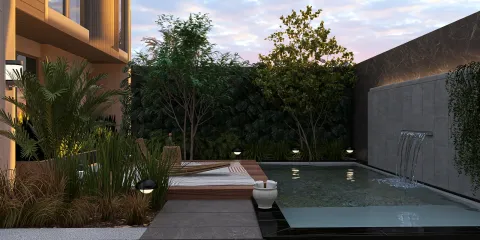 outdoor pool design featuring water fountain and lounge area in a modern tropical style, showcasing Homestyler's real-time 3D rendering for instant visualization.