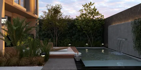 outdoor pool area featuring modern landscaping and lounge chairs with a natural aesthetic providing a serene relaxation space; utilizing Homestyler's real-time 3D rendering for accurate design visualization.