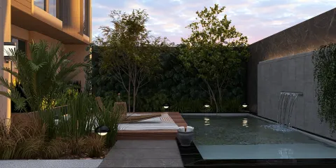 outdoor pool area featuring a modern relaxation space with a sun lounger and lush greenery, designed with Homestyler's 3D rendering for an immersive outdoor experience.