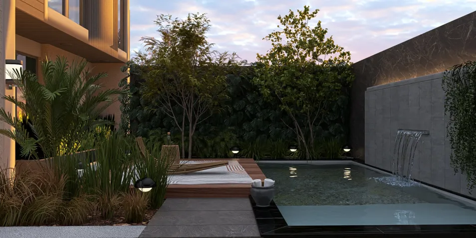 outdoor pool area featuring a modern relaxation space with a sun lounger and lush greenery, designed with Homestyler's 3D rendering for an immersive outdoor experience.