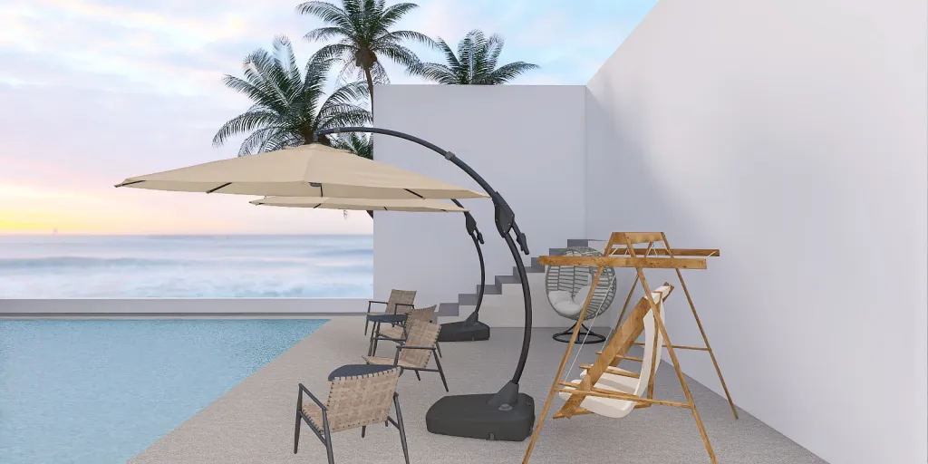 a patio area with a table and chairs and a umbrella 