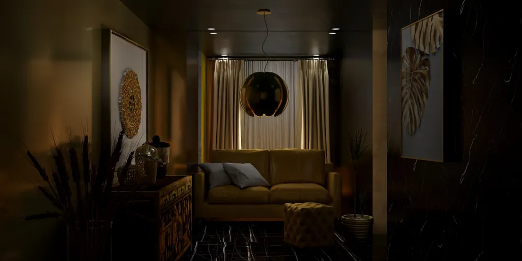 a room with a couch, chair, and a lamp 