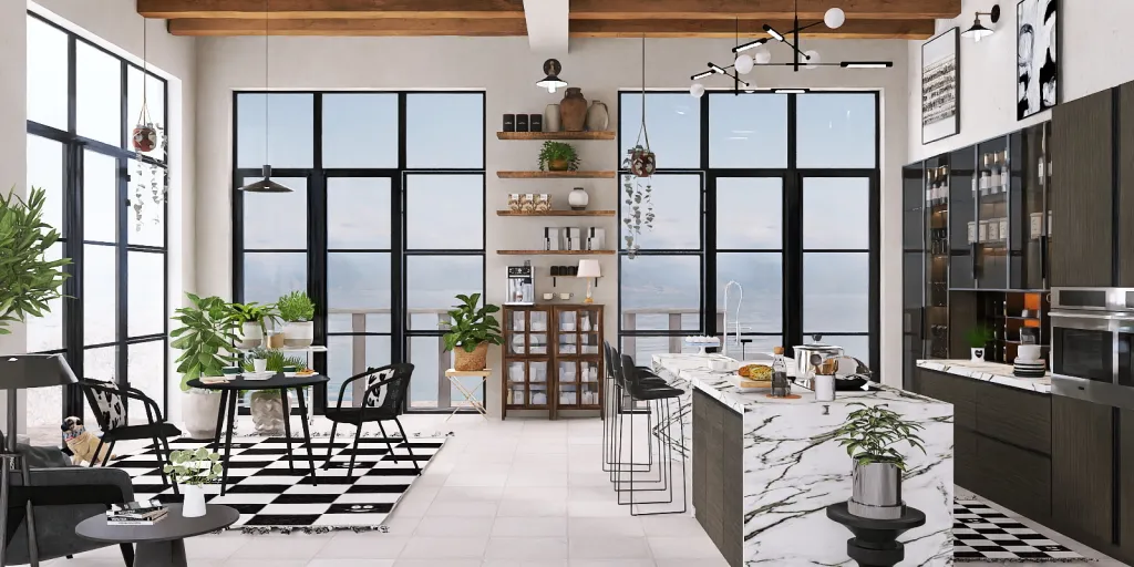 a kitchen with a large window and a large table 