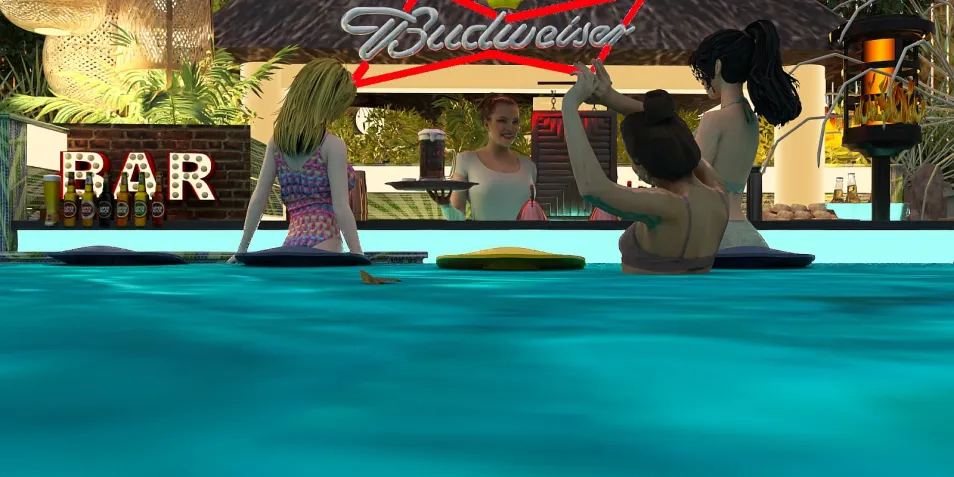 poolside bar scene featuring women enjoying drinks while floating on lounge boards, designed in a tropical resort style, showcasing the Homestyler feature of real-time 3D rendering for quick design previews.