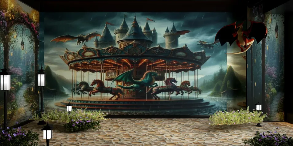 fantasy carousel scene featuring mythical creatures surrounded by lush greenery and dramatic murals, showcasing a whimsical interior design concept with homestyler's real-time 3D rendering capabilities.