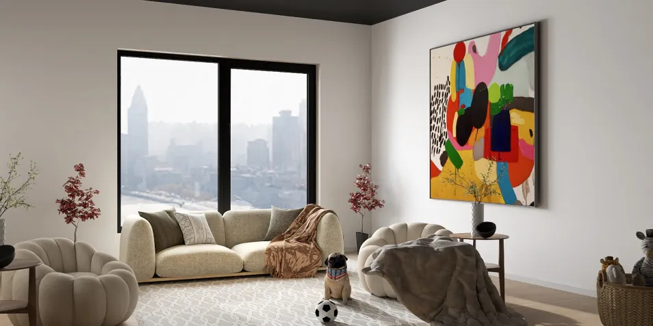 modern living room with abstract art display, featuring a cozy sofa arrangement and elegant decor elements, emphasizing interior design and 3D rendering capabilities using Homestyler.