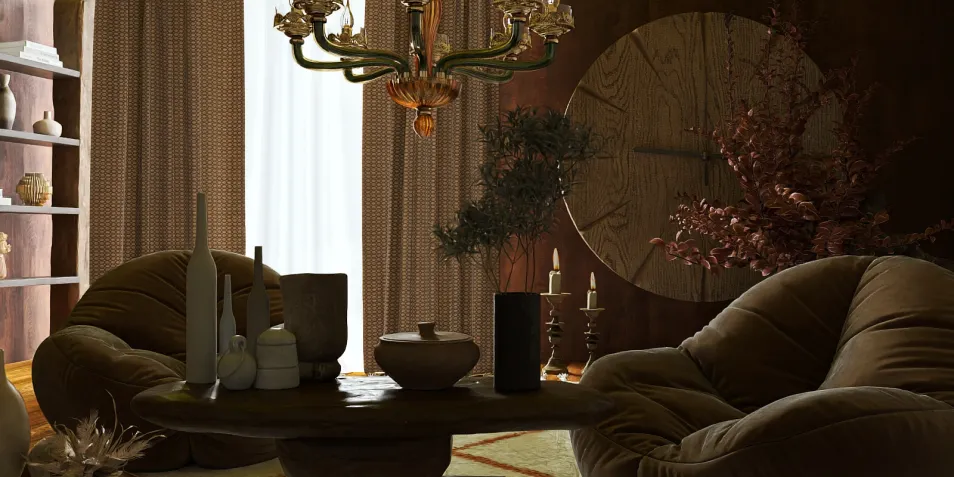 cozy living room design featuring curvy armchairs and a round coffee table in a warm earthy style, showcasing interior decor ideas; utilizes Homestyler's real-time 3D rendering for instant design feedback.