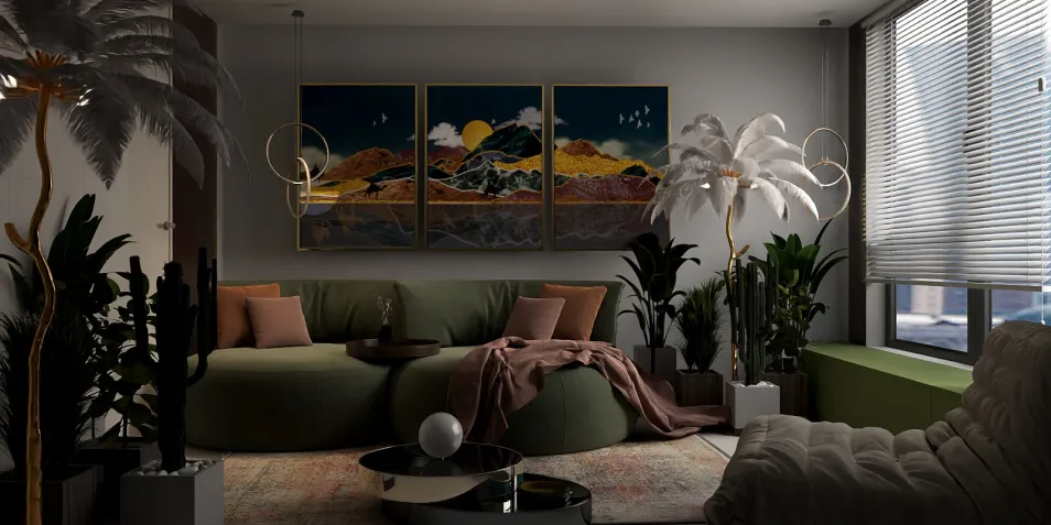 modern living room with plush green seating and artistic wall decor showcasing a nature landscape, enhancing the cozy and elegant atmosphere using Homestyler's real-time 3D rendering feature.