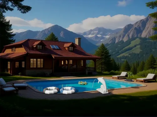 luxurious mountain villa exterior featuring a swimming pool with a contemporary water feature in a rustic style, perfect for outdoor living, utilizing Homestyler's real-time 3D rendering feature.