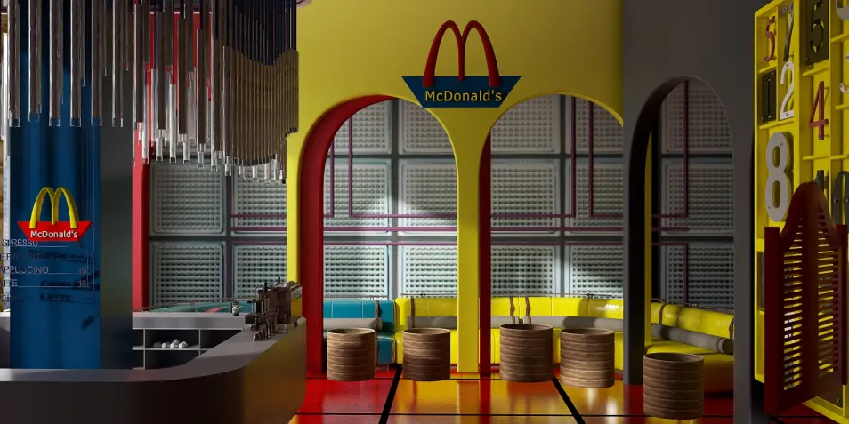 colorful McDonald's interior design featuring a vibrant seating area and distinctive branding, showcasing a modern fast food restaurant ambiance, enhanced by Homestyler's real-time 3D rendering functionality.