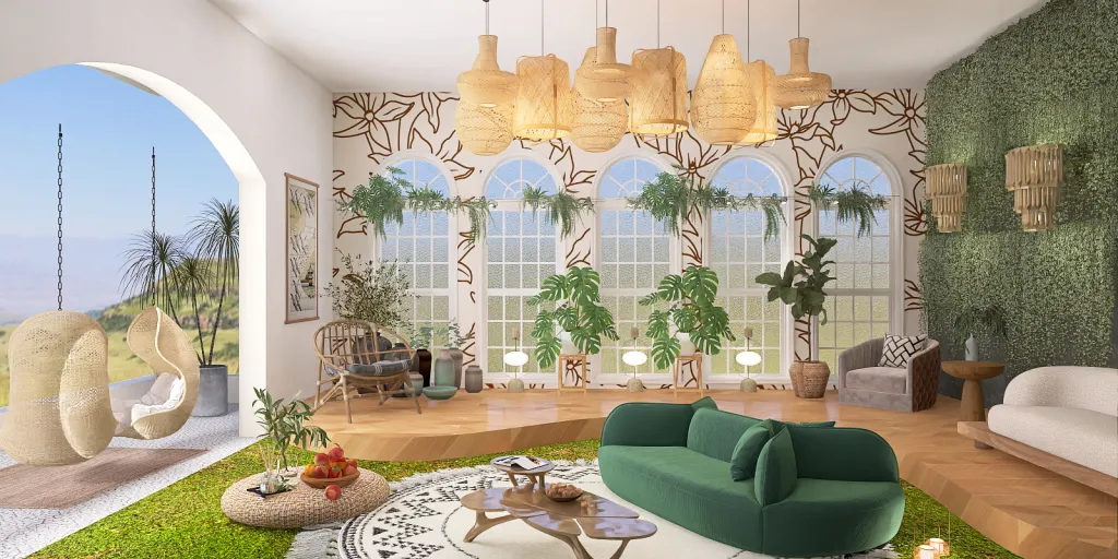 a living room with a large window and a large couch 