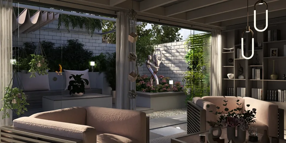 cozy seating area with outdoor view featuring plants and sculptures, creating a welcoming atmosphere in a modern garden design; includes smart furniture arrangement functionality from Homestyler's design tools.