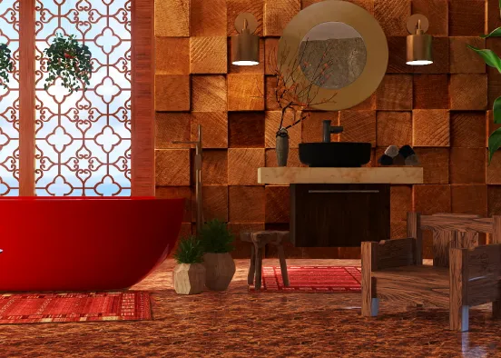Modern and Rustic  Red Bathtube  Design Rendering