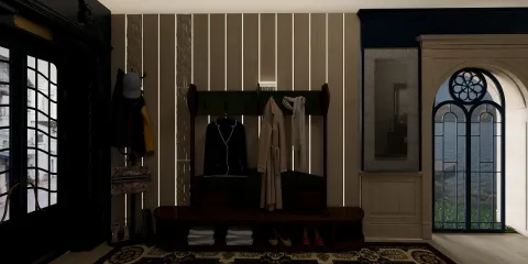 Modern entryway design featuring a stylish coat rack and seating area with a classic rug, optimized for small space functionality using Homestyler's real-time 3D rendering feature.