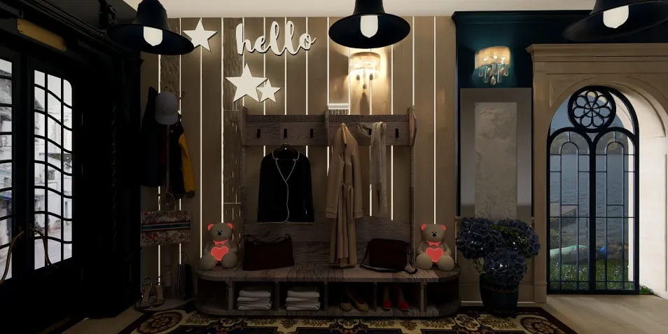 entryway coat rack organizing clothes in a modern stylish manner, featuring a warm color palette, optimized for small space with Homestyler's 3D rendering feature.