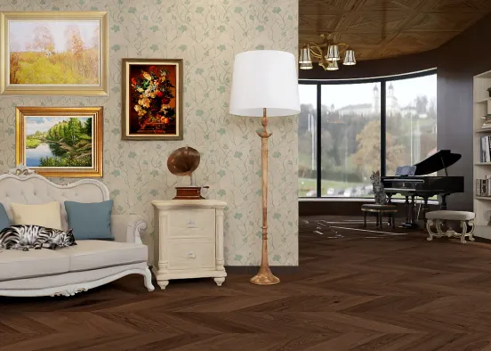 victorian living room - leaves wallpaper Design Rendering