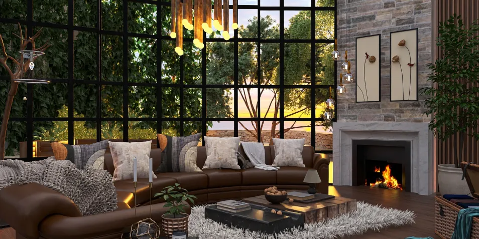 Modern living room design featuring a curved leather sofa and large glass windows, showcasing a blend of natural light and greenery, utilizing Homestyler's real-time 3D rendering feature for an immersive interior decor experience.
