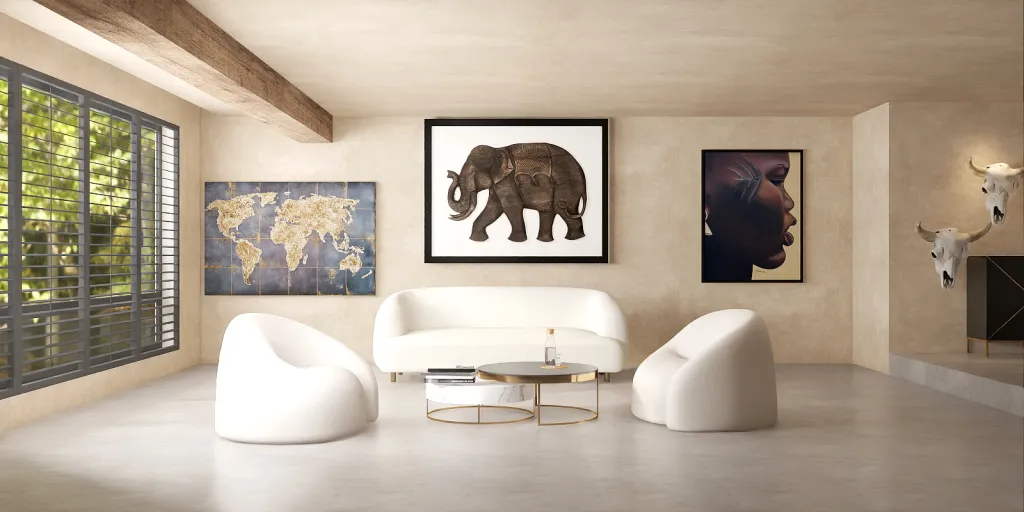 a living room with a painting of a horse on the wall 