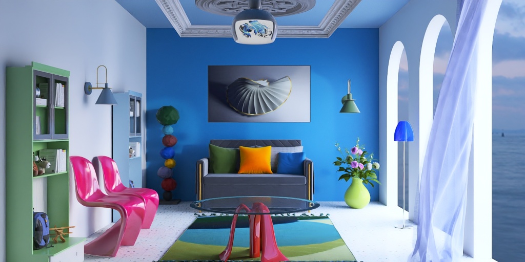 a living room with a blue wall and a blue floor 