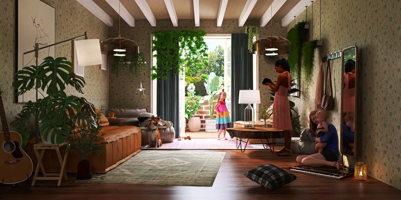 a woman sitting on a couch in a living room 