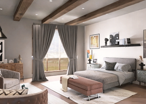 a light and airy bedroom in the mid century style Design Rendering
