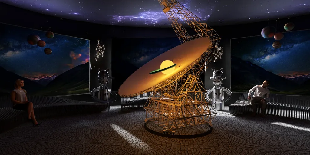 a large display of a large metal object in a room 