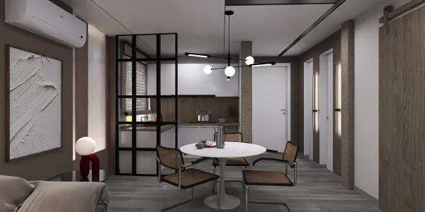 modern dining area featuring a round table with stylish chairs and a contemporary kitchen background, showcasing a minimalist design with neutral tones for a cozy living space; utilizing Homestyler's real-time 3D rendering for efficient design previews.