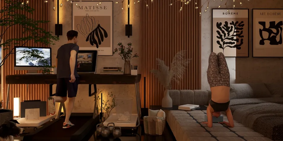 man performing a handstand in a modern home office space with dynamic lighting and artistic wall decor, showcasing modern interior design with a focus on multi-functional living areas; featuring Homestyler's real-time 3D rendering capability.