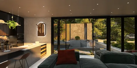 Modern living room with a kitchen design, showcasing a cozy seating area with green sofas and a bright ambiance, featuring Homestyler's real-time 3D rendering functionality.