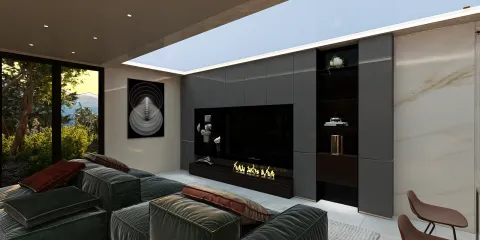 modern living room design featuring a sleek entertainment unit and cozy seating arrangement, showcasing a contemporary style for enhancing interior decor, utilizing Homestyler's real-time 3D rendering feature.