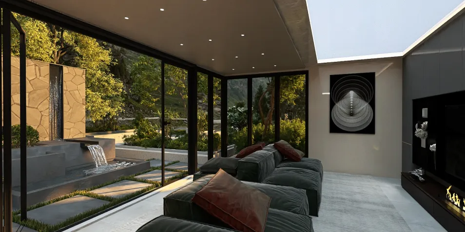 modern living room with large glass windows showcasing a garden view, featuring comfortable green sofas and a sleek design, perfect for interior decor inspiration using Homestyler's real-time 3D rendering feature.