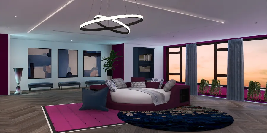 a living room with a large bed and a large mirror 