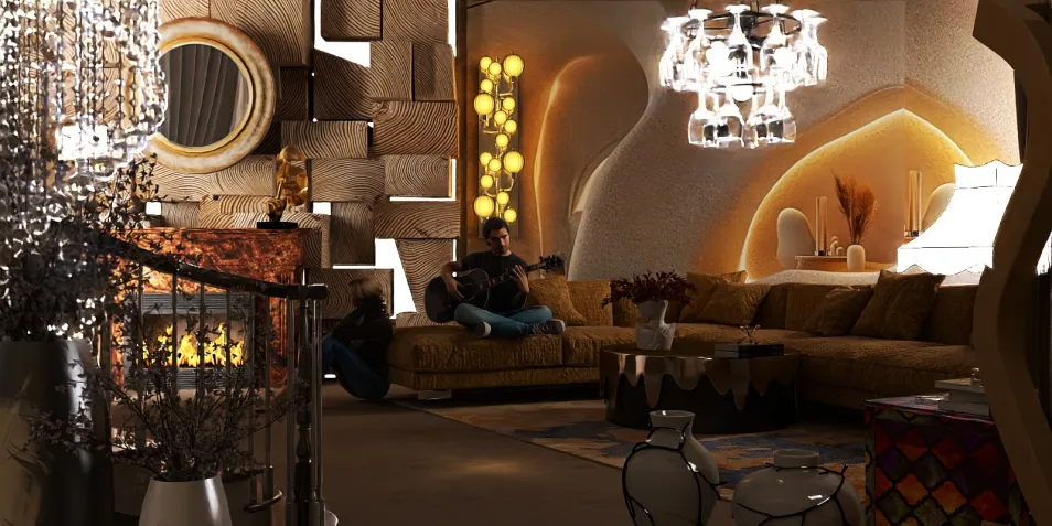 cozy living room with contemporary seating arrangement featuring a large sofa and elegant chandelier, designed for comfortable relaxation, utilizing Homestyler's real-time 3D rendering feature.