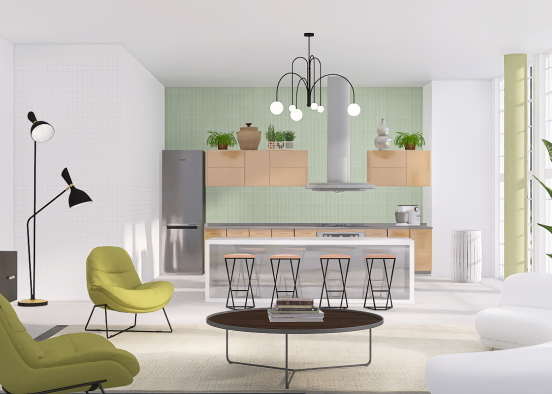 green accent living/kitchen Design Rendering