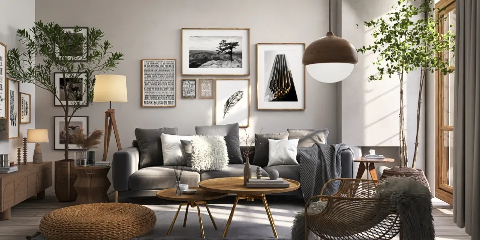 Modern living room featuring a cozy sofa arrangement and artistic wall decor, designed using Homestyler's 3D rendering for realistic preview.