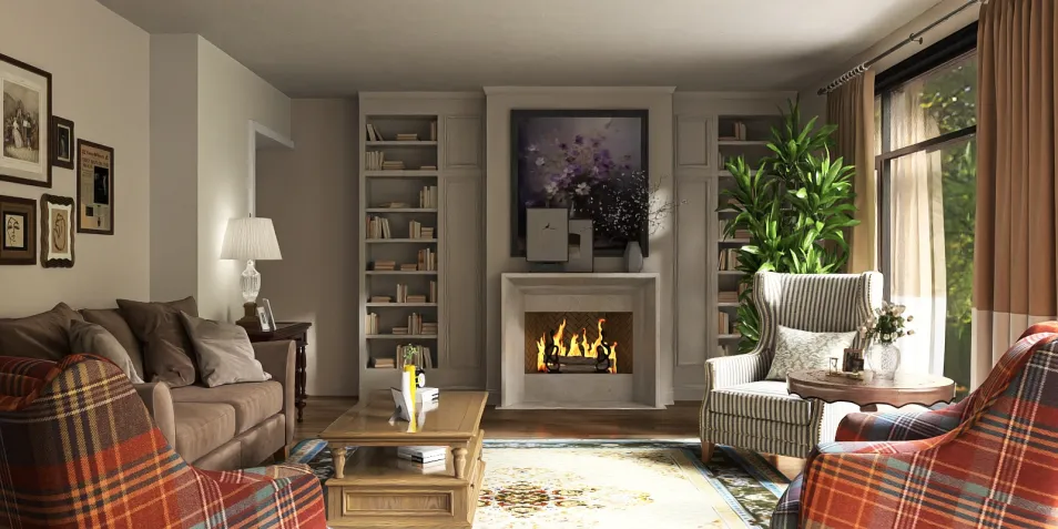 cozy living room design with a fireplace featuring a modern rustic style utilizing Homestyler's real-time 3D rendering for an immersive interior decor visualization