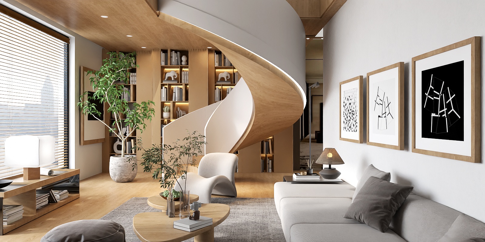 contemporary livingroom with spiral staircase