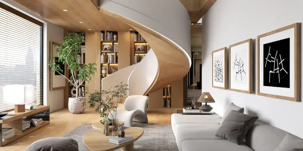contemporary livingroom with spiral staircase