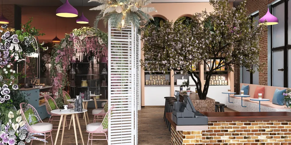 café interior with floral decorations showcasing a cozy atmosphere in a rustic style, featuring Homestyler’s real-time 3D rendering for an accurate design preview
